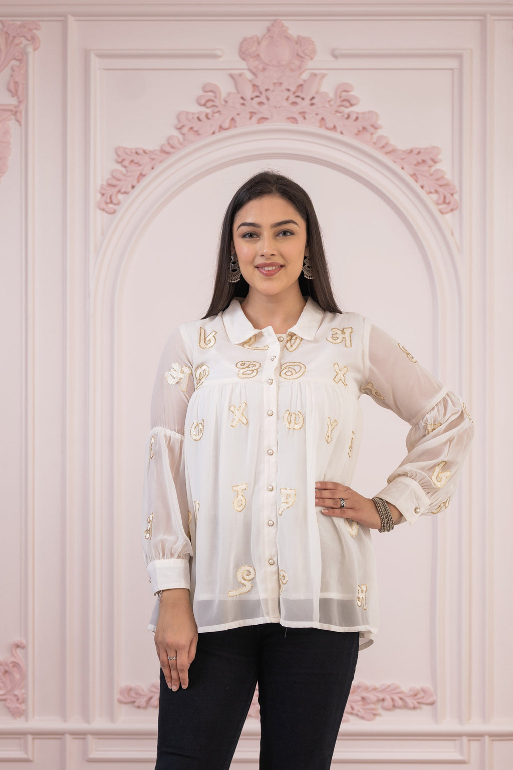 Juniper White embroiderd and sequince tunic with buttons | Grocsy