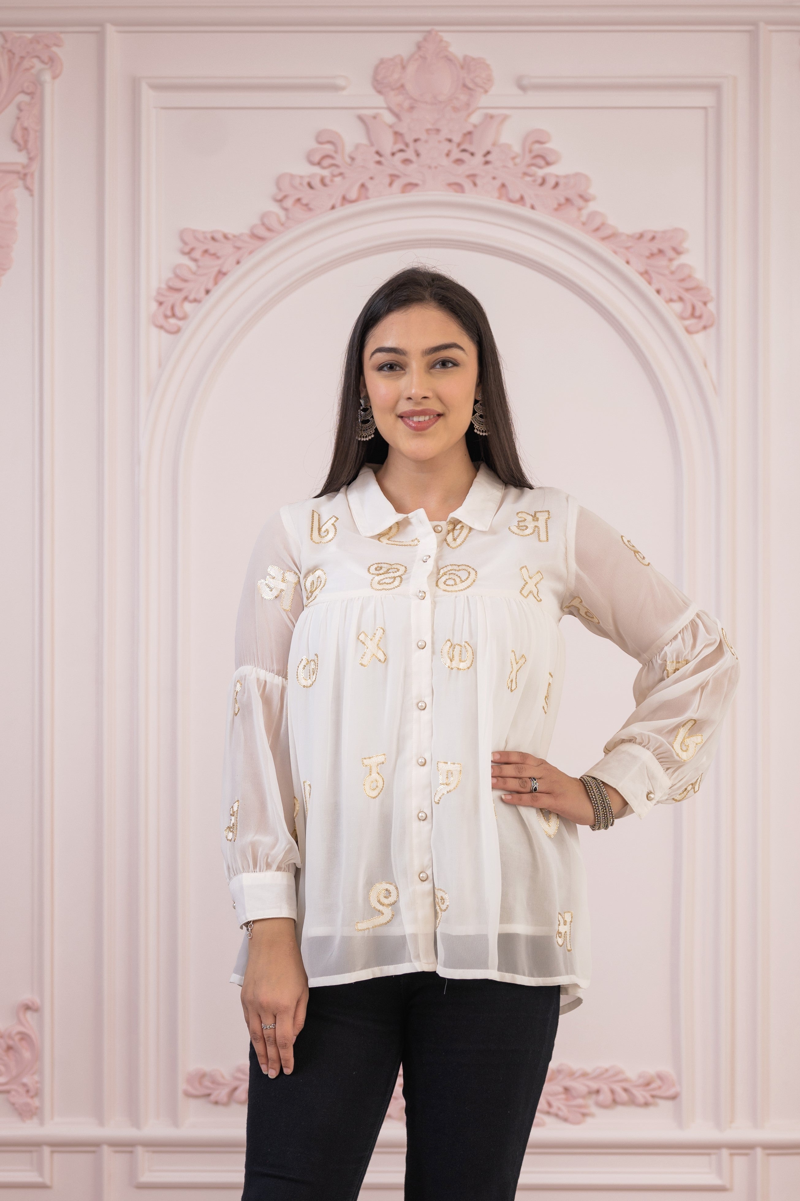 Juniper White embroiderd and sequince tunic with buttons | Grocsy