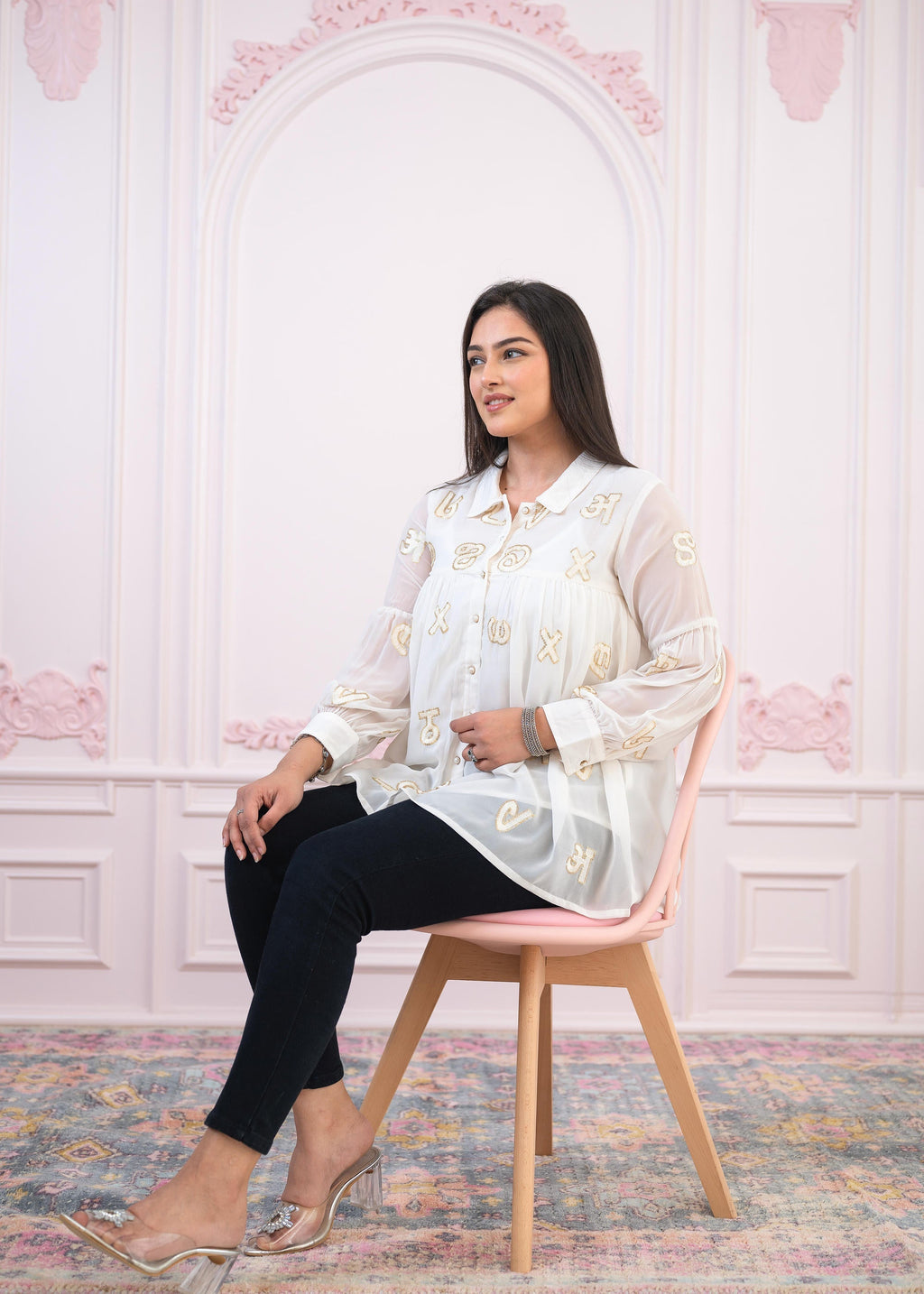 Juniper White embroiderd and sequince tunic with buttons | Grocsy
