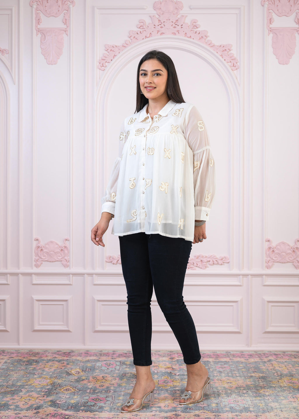 Juniper White embroiderd and sequince tunic with buttons | Grocsy