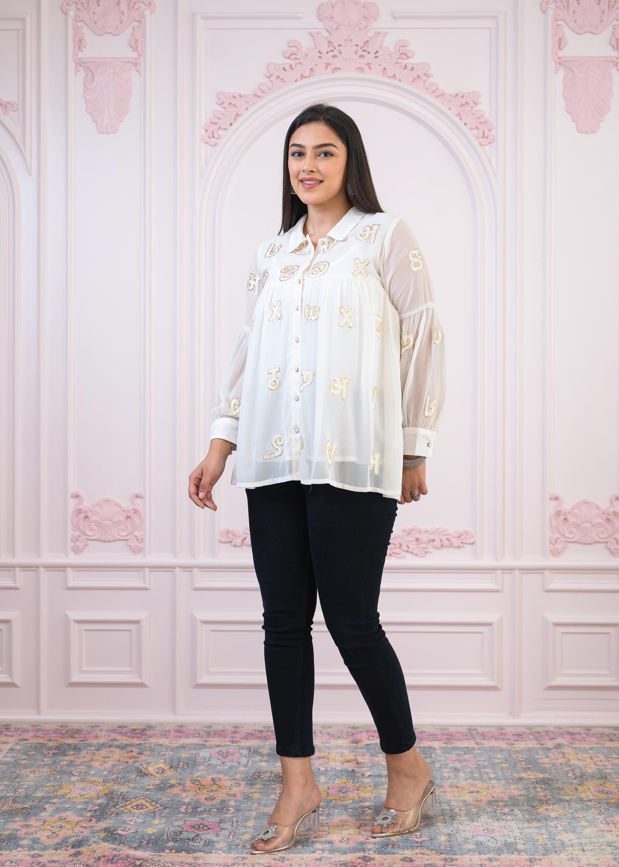 Juniper White embroiderd and sequince tunic with buttons | Grocsy