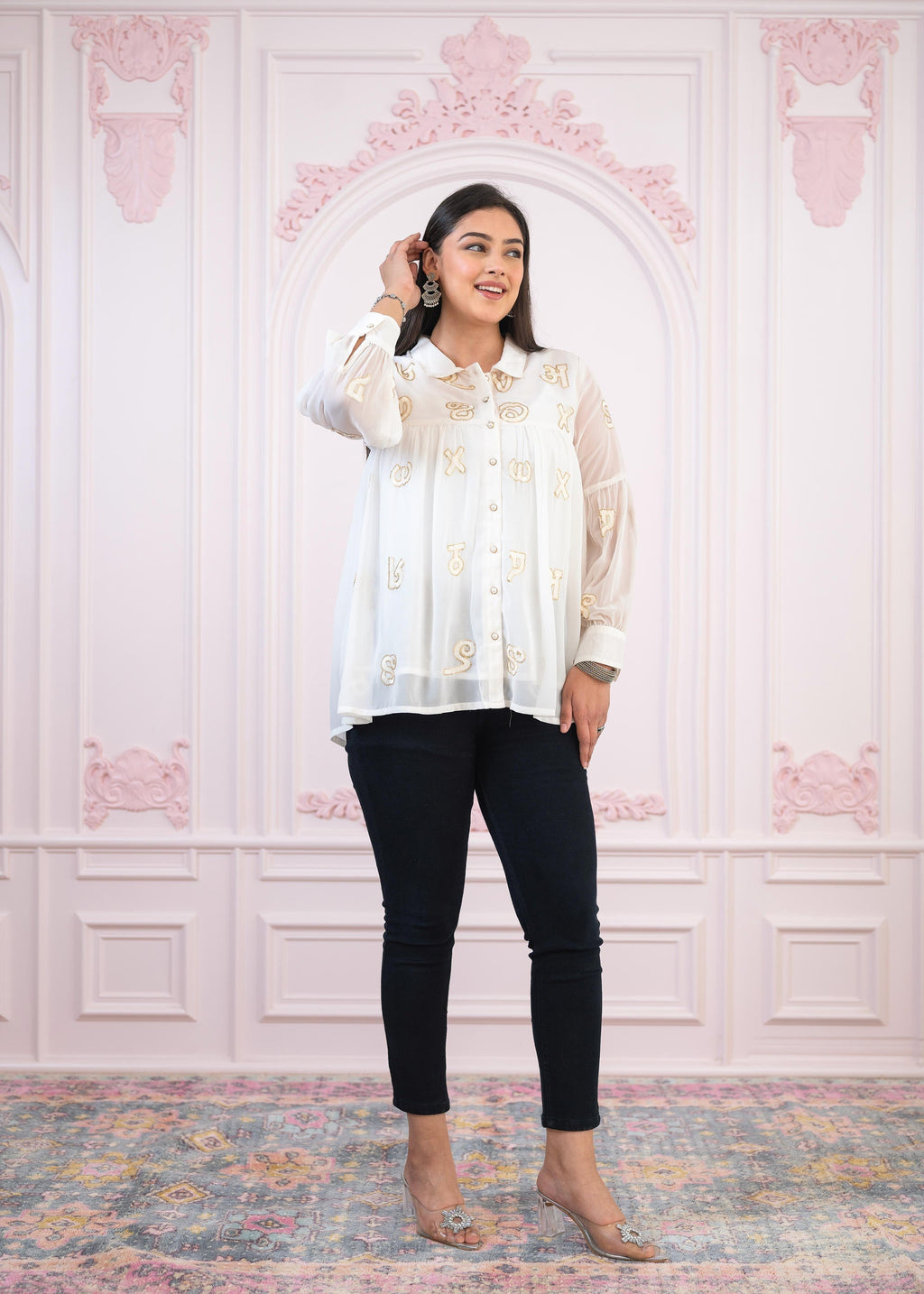 Juniper White embroiderd and sequince tunic with buttons | Grocsy