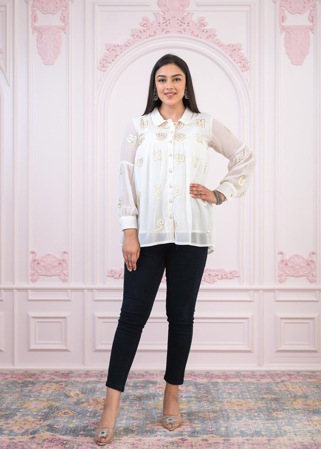 Juniper White embroiderd and sequince tunic with buttons | Grocsy
