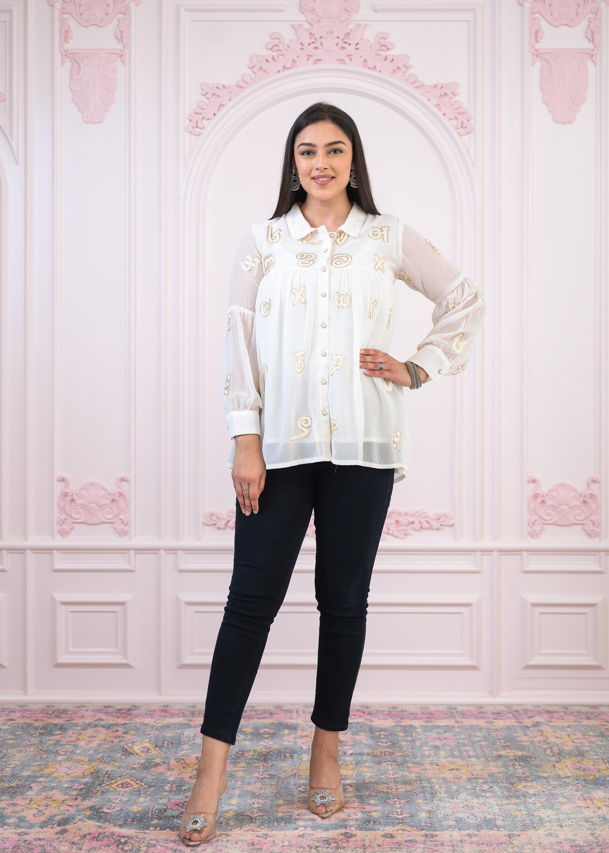 Juniper White embroiderd and sequince tunic with buttons | Grocsy
