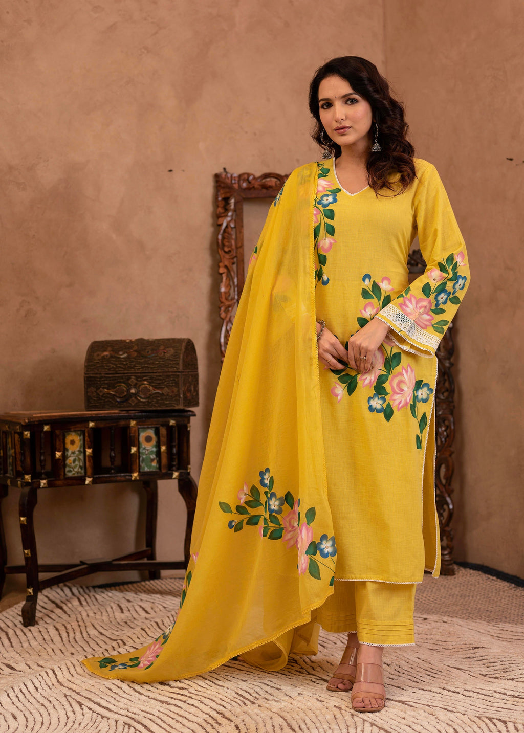 Juniper Yellow Cotton Slub Floral Printed Kurta-Pant & Dupatta Set With Lace Work | Grocsy