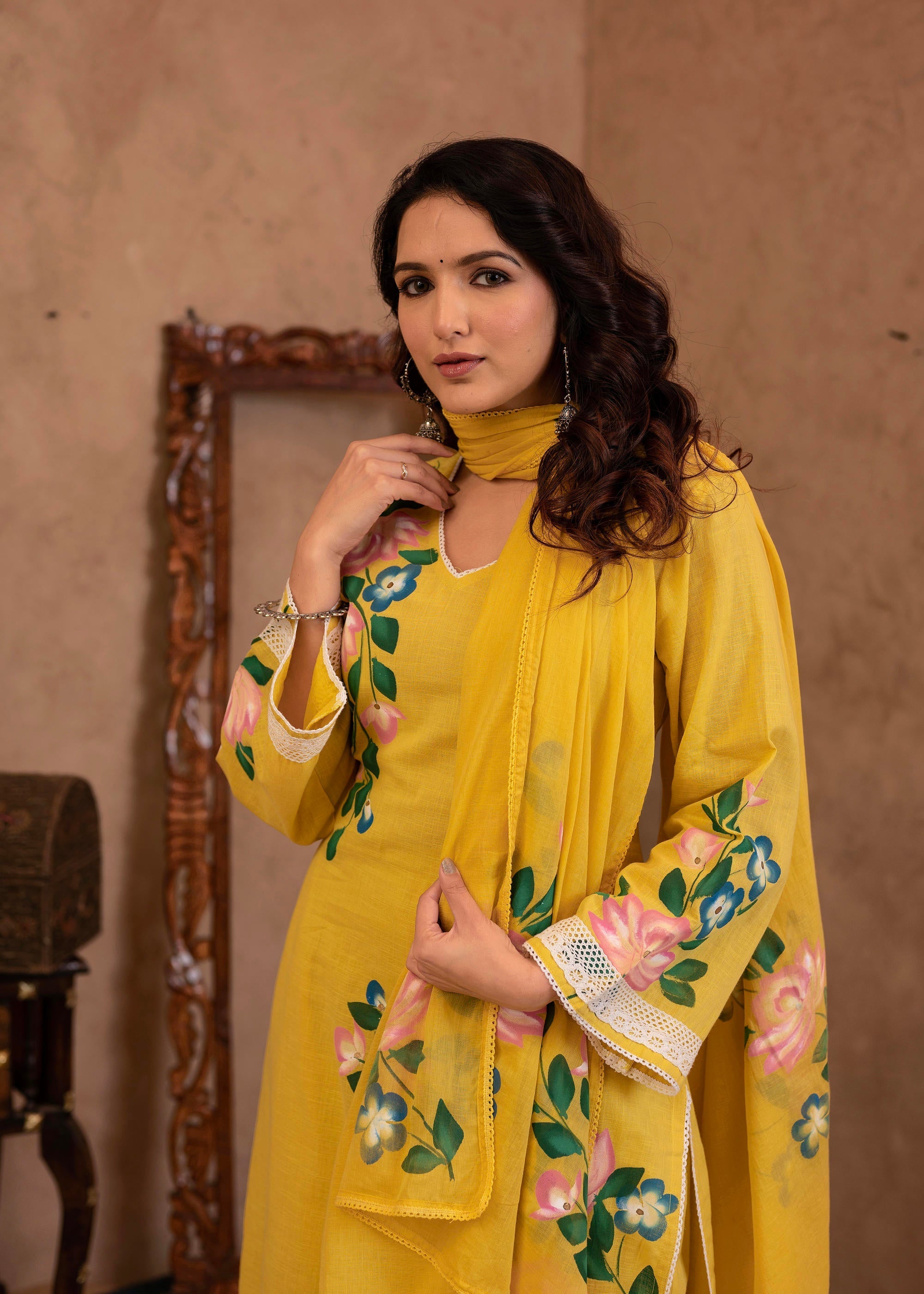 Juniper Yellow Cotton Slub Floral Printed Kurta-Pant & Dupatta Set With Lace Work | Grocsy