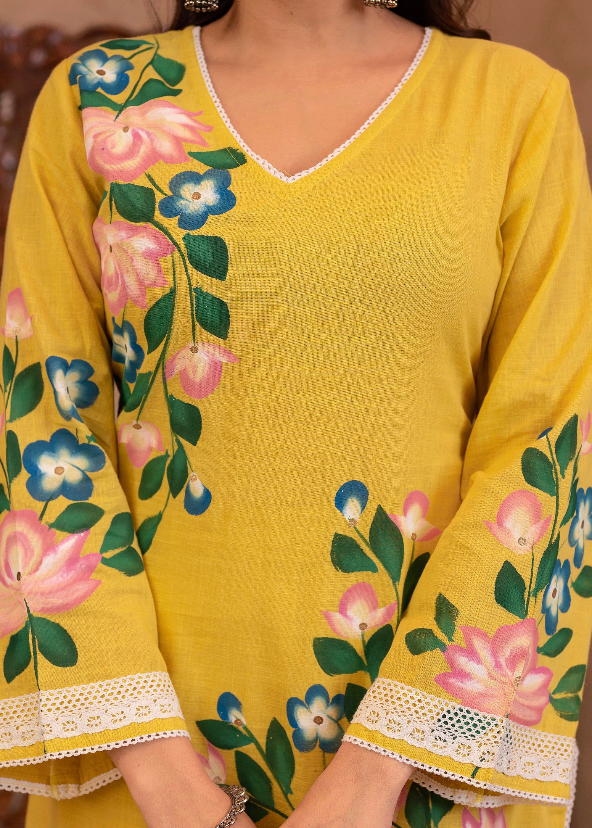 Juniper Yellow Cotton Slub Floral Printed Kurta-Pant & Dupatta Set With Lace Work | Grocsy