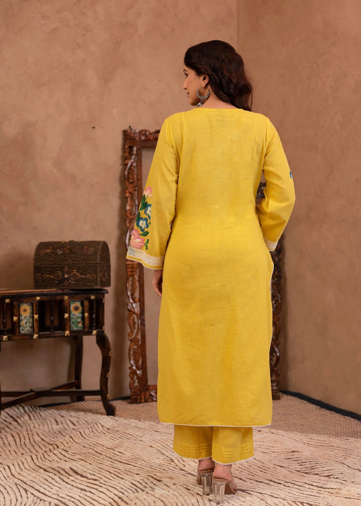 Juniper Yellow Cotton Slub Floral Printed Kurta-Pant & Dupatta Set With Lace Work | Grocsy