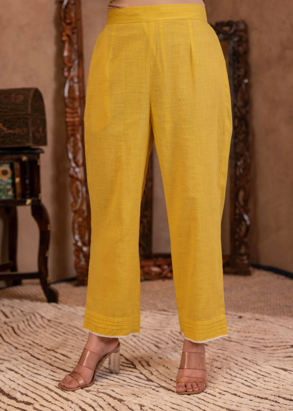 Juniper Yellow Cotton Slub Floral Printed Kurta-Pant & Dupatta Set With Lace Work | Grocsy