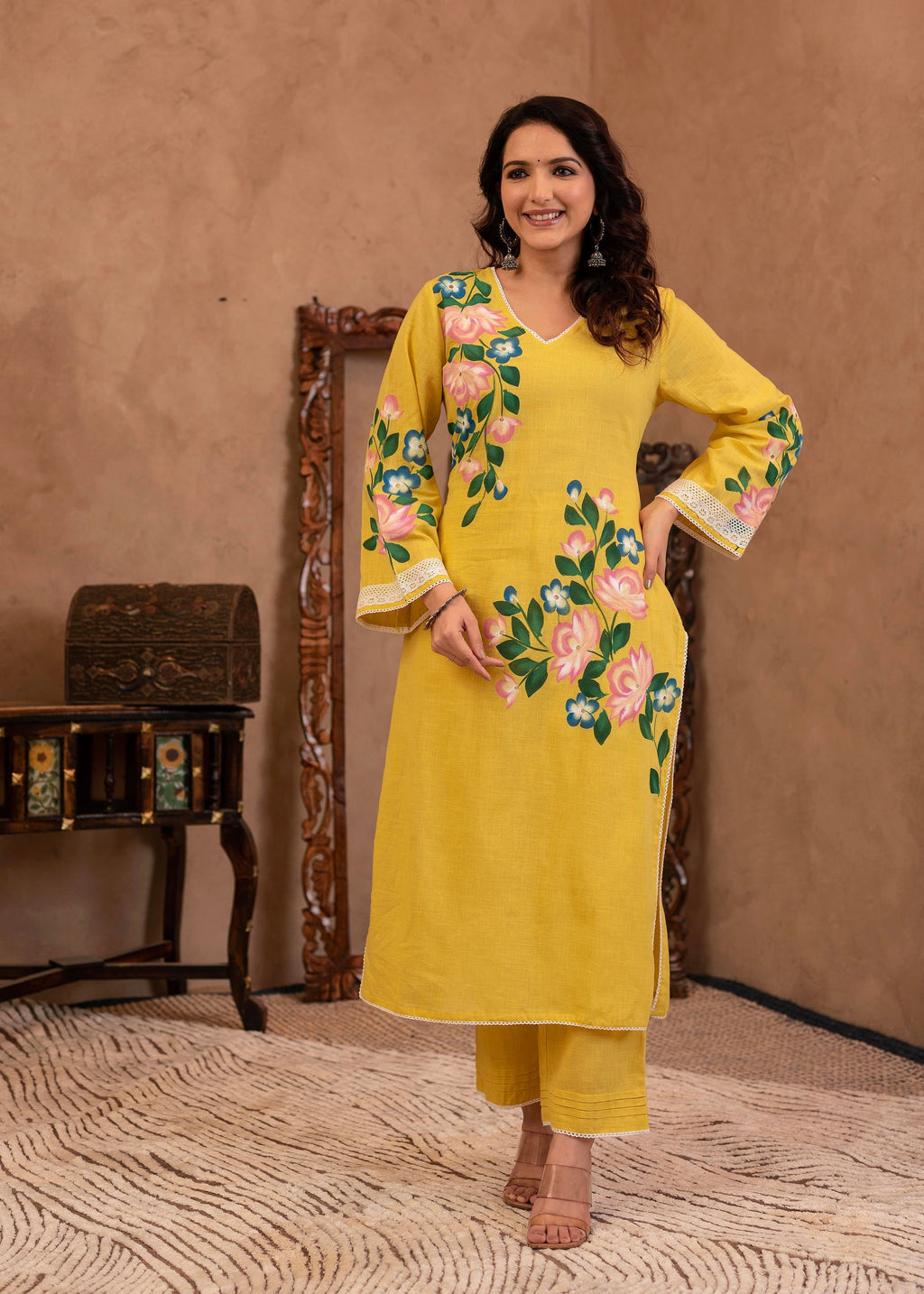 Juniper Yellow Cotton Slub Floral Printed Kurta-Pant & Dupatta Set with Lace Work | Grocsy