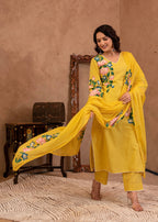 Juniper Yellow Cotton Slub Floral Printed Kurta-Pant & Dupatta Set with Lace Work | Grocsy