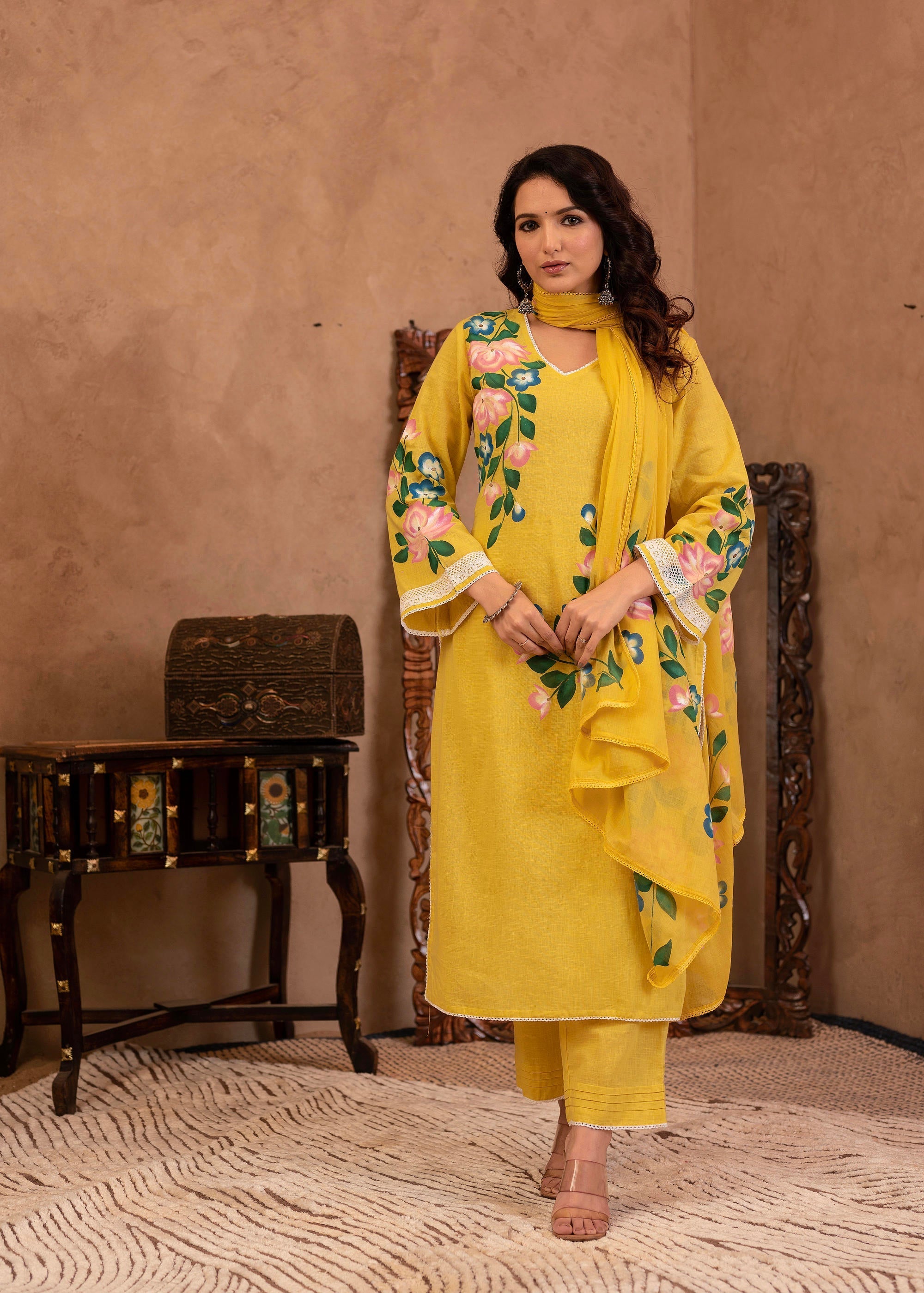 Juniper Yellow Cotton Slub Floral Printed Kurta-Pant & Dupatta Set with Lace Work | Grocsy