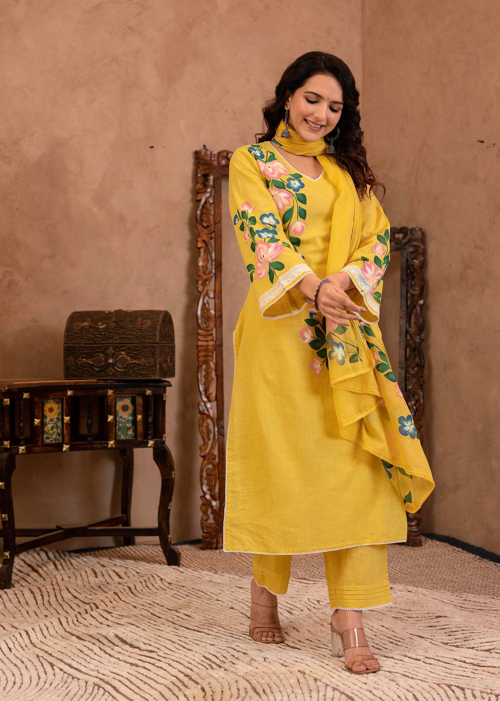 Juniper Yellow Cotton Slub Floral Printed Kurta-Pant & Dupatta Set with Lace Work | Grocsy