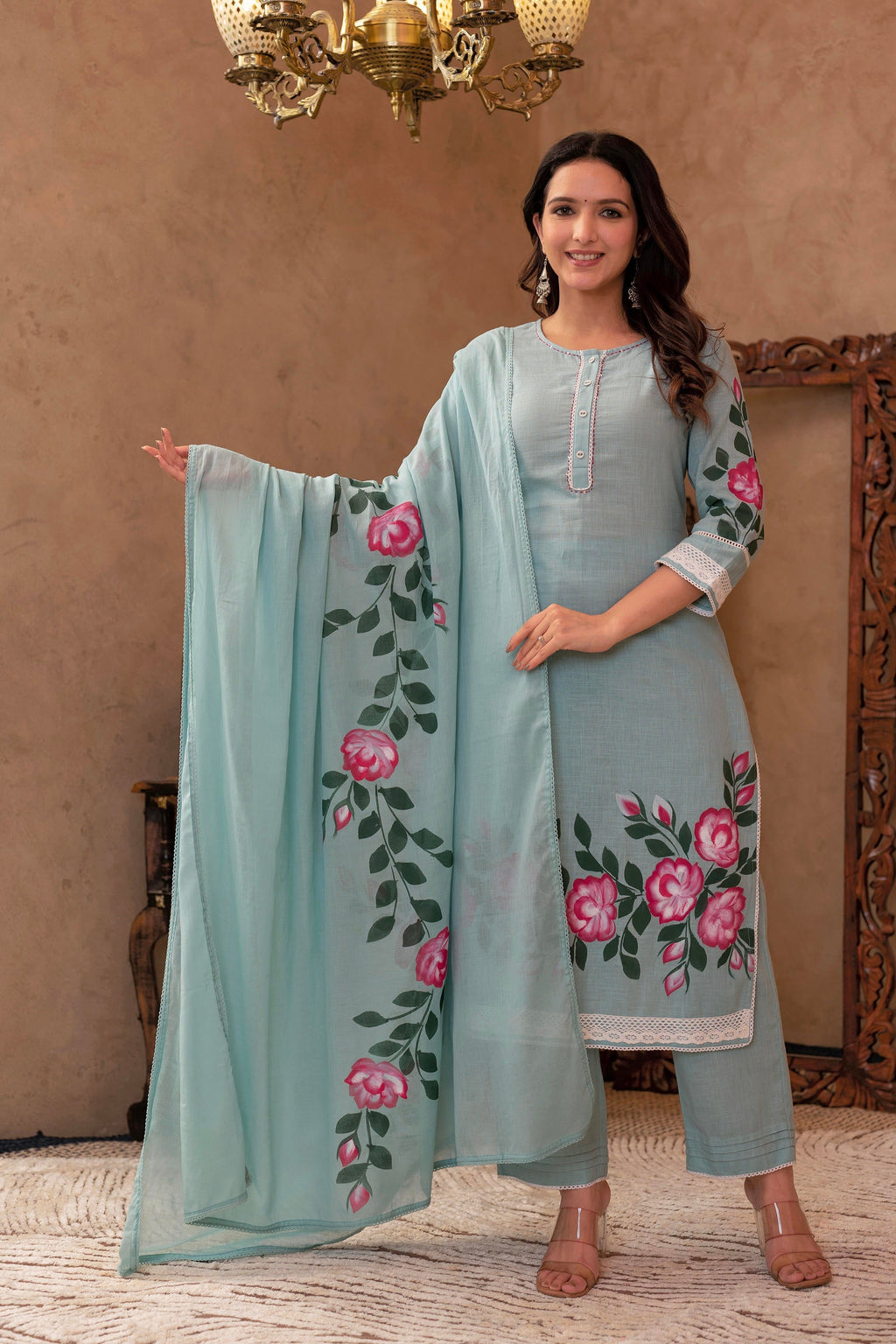 Juniper Sky Blue Cotton Slub Floral Printed Kurta-Pant & Dupatta Set with Lace, Thread Work & Button Closure | Grocsy