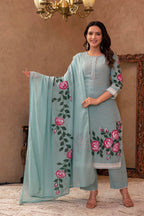 Juniper Sky Blue Cotton Slub Floral Printed Kurta-Pant & Dupatta Set With Lace, Thread Work & Button Closure | Grocsy