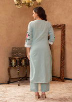 Juniper Sky Blue Cotton Slub Floral Printed Kurta-Pant & Dupatta Set with Lace, Thread Work & Button Closure | Grocsy