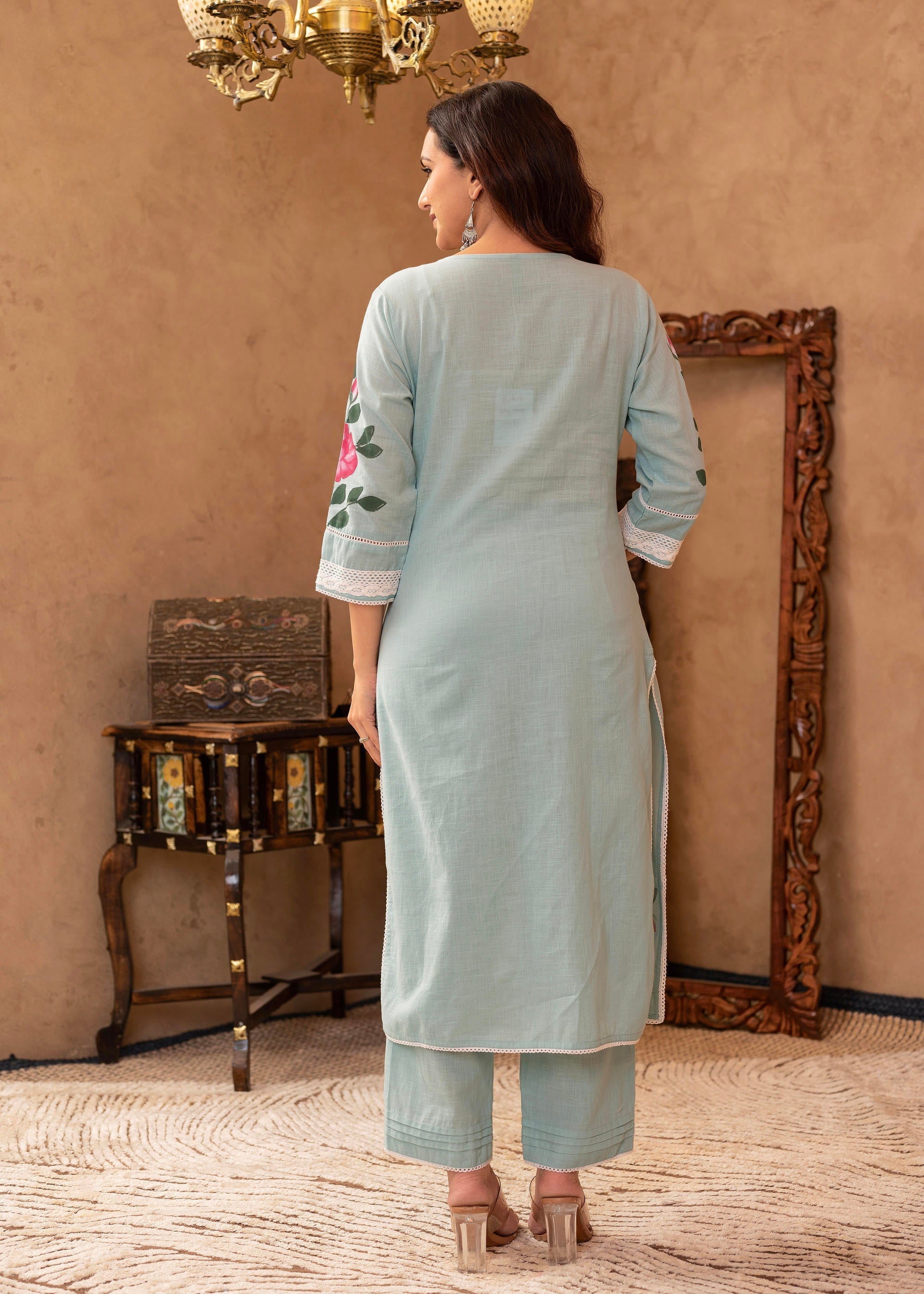 Juniper Sky Blue Cotton Slub Floral Printed Kurta-Pant & Dupatta Set with Lace, Thread Work & Button Closure | Grocsy