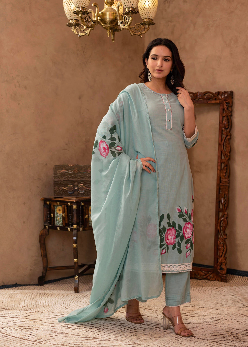 Juniper Sky Blue Cotton Slub Floral Printed Kurta-Pant & Dupatta Set with Lace, Thread Work & Button Closure | Grocsy