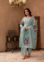 Juniper Sky Blue Cotton Slub Floral Printed Kurta-Pant & Dupatta Set with Lace, Thread Work & Button Closure | Grocsy