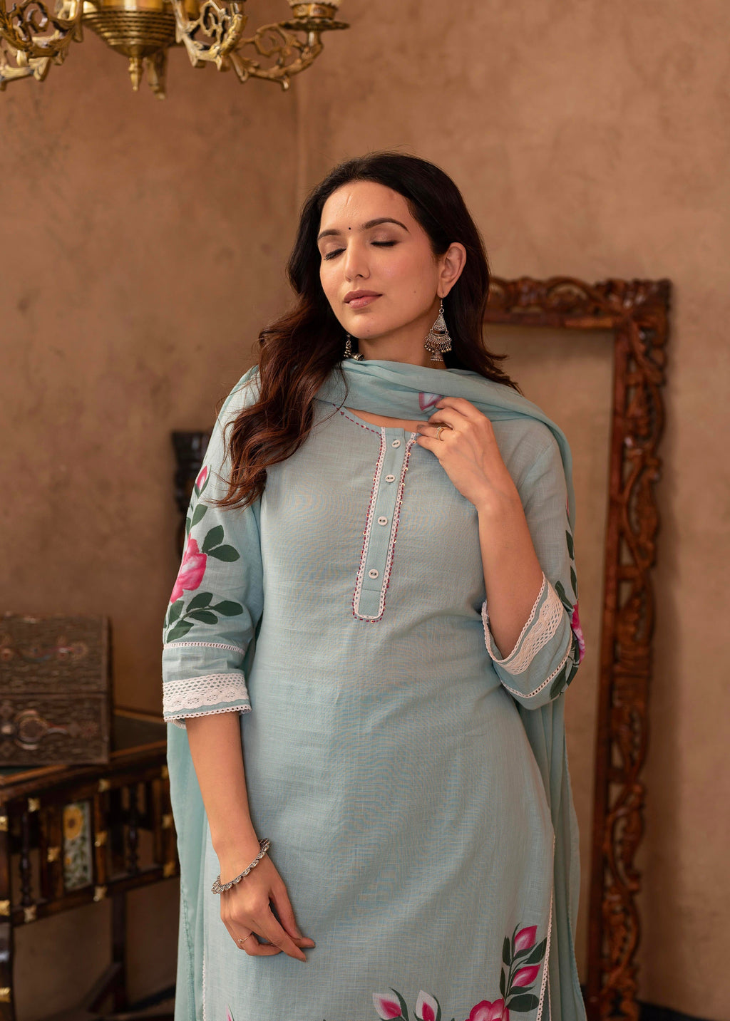 Juniper Sky Blue Cotton Slub Floral Printed Kurta-Pant & Dupatta Set with Lace, Thread Work & Button Closure | Grocsy