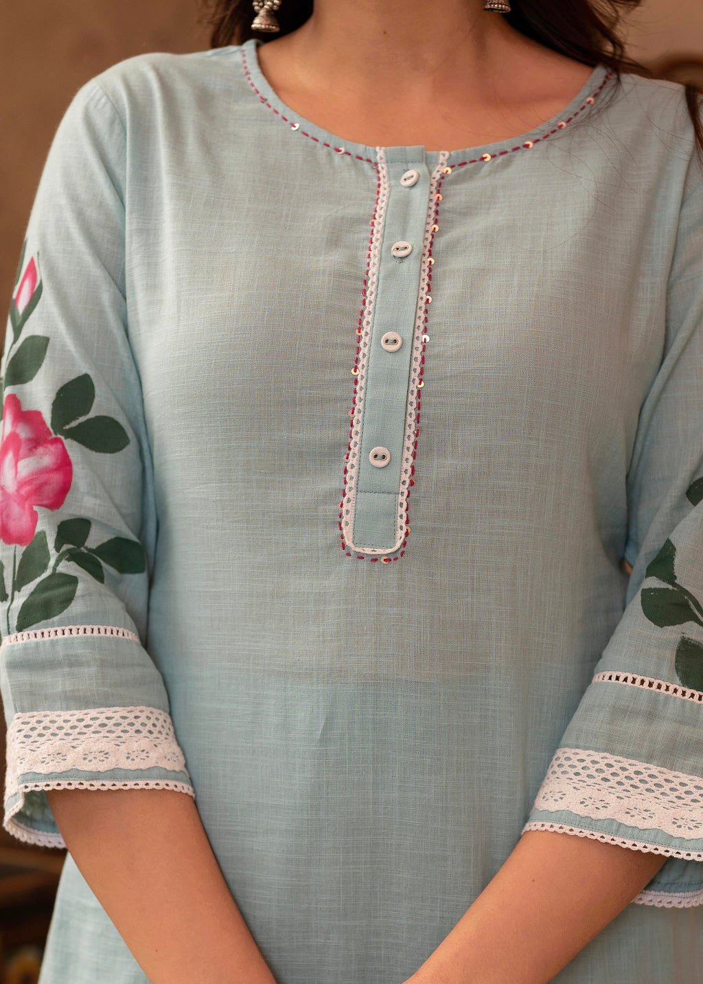 Juniper Sky Blue Cotton Slub Floral Printed Kurta-Pant & Dupatta Set with Lace, Thread Work & Button Closure | Grocsy