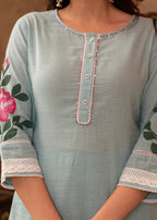 Juniper Sky Blue Cotton Slub Floral Printed Kurta-Pant & Dupatta Set with Lace, Thread Work & Button Closure | Grocsy