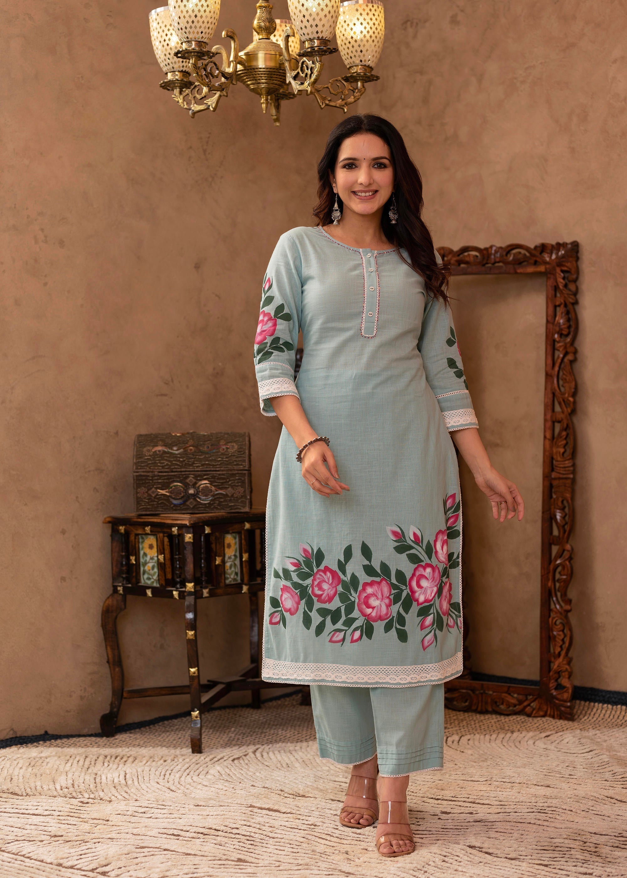 Juniper Sky Blue Cotton Slub Floral Printed Kurta-Pant & Dupatta Set with Lace, Thread Work & Button Closure | Grocsy