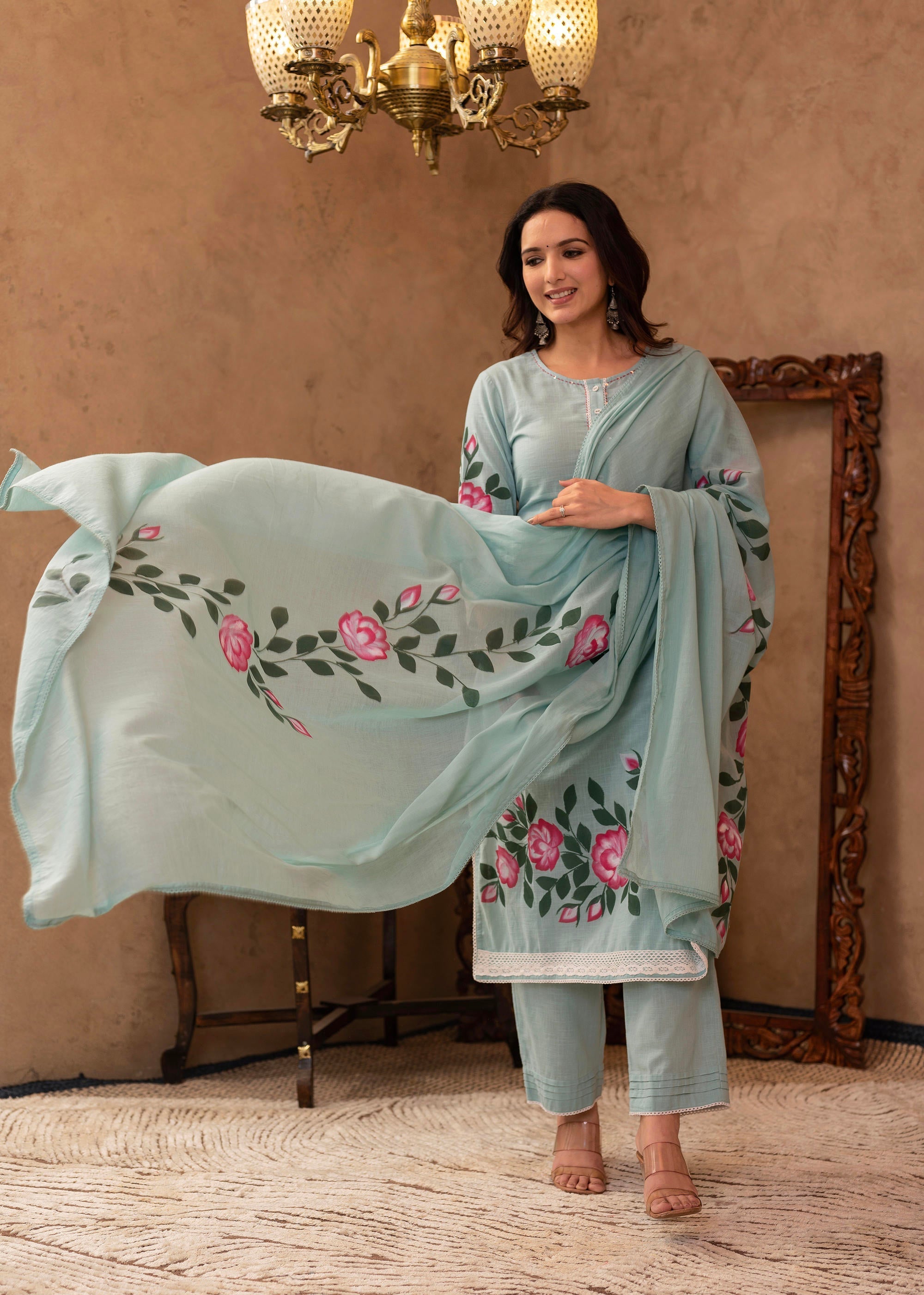 Juniper Sky Blue Cotton Slub Floral Printed Kurta-Pant & Dupatta Set with Lace, Thread Work & Button Closure | Grocsy