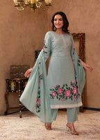 Juniper Sky Blue Cotton Slub Floral Printed Kurta-Pant & Dupatta Set with Lace, Thread Work & Button Closure | Grocsy