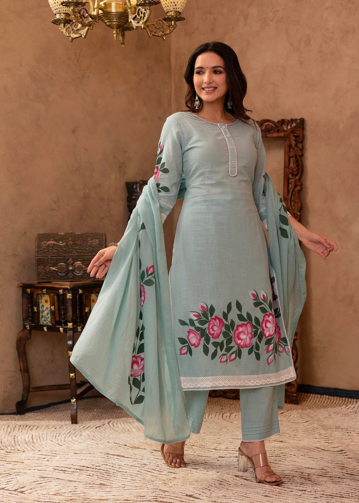 Juniper Sky Blue Cotton Slub Floral Printed Kurta-Pant & Dupatta Set with Lace, Thread Work & Button Closure | Grocsy