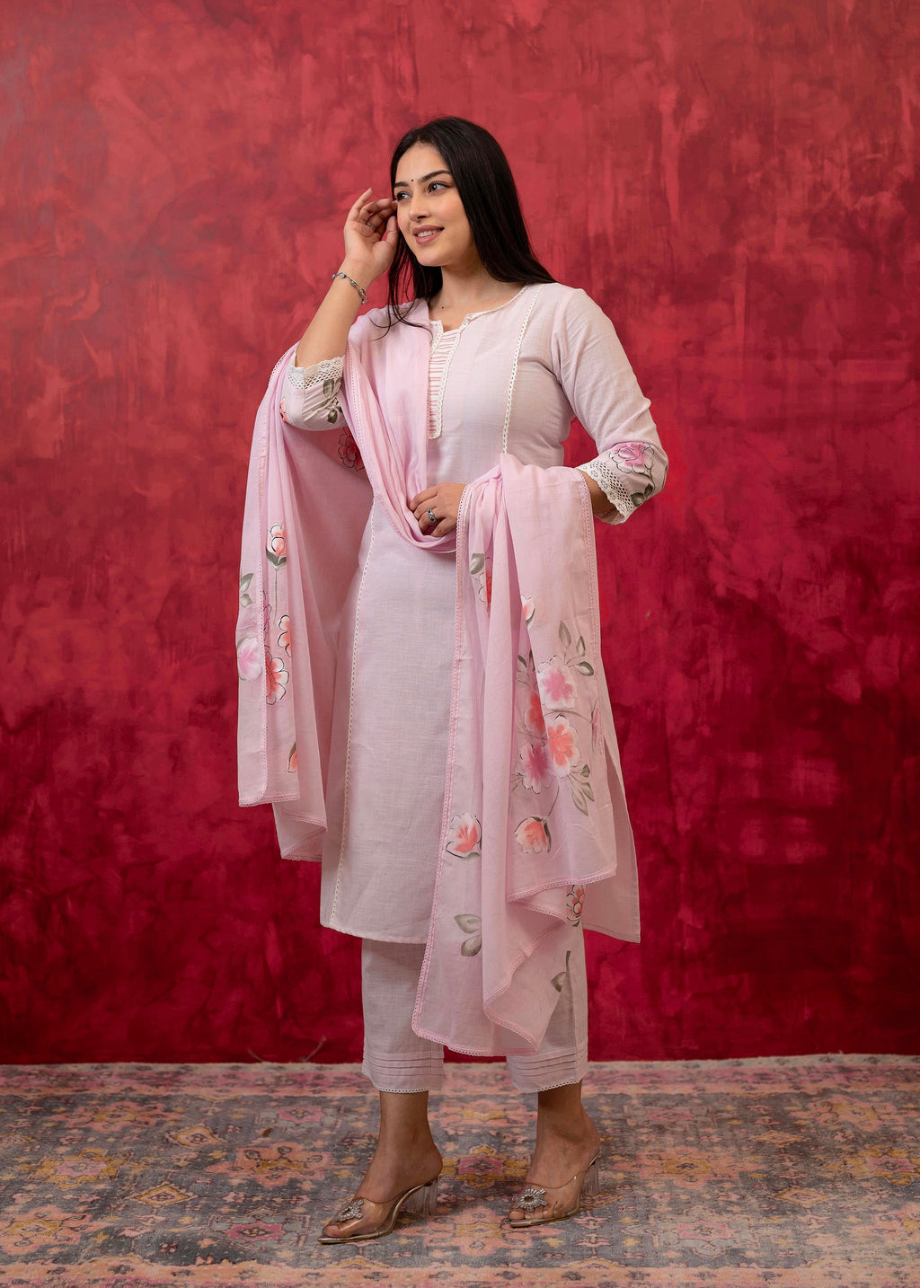 Juniper Lavender Cotton Slub Kurta-Pant Set with Lace Work & Floral Print Dupatta | Grocsy