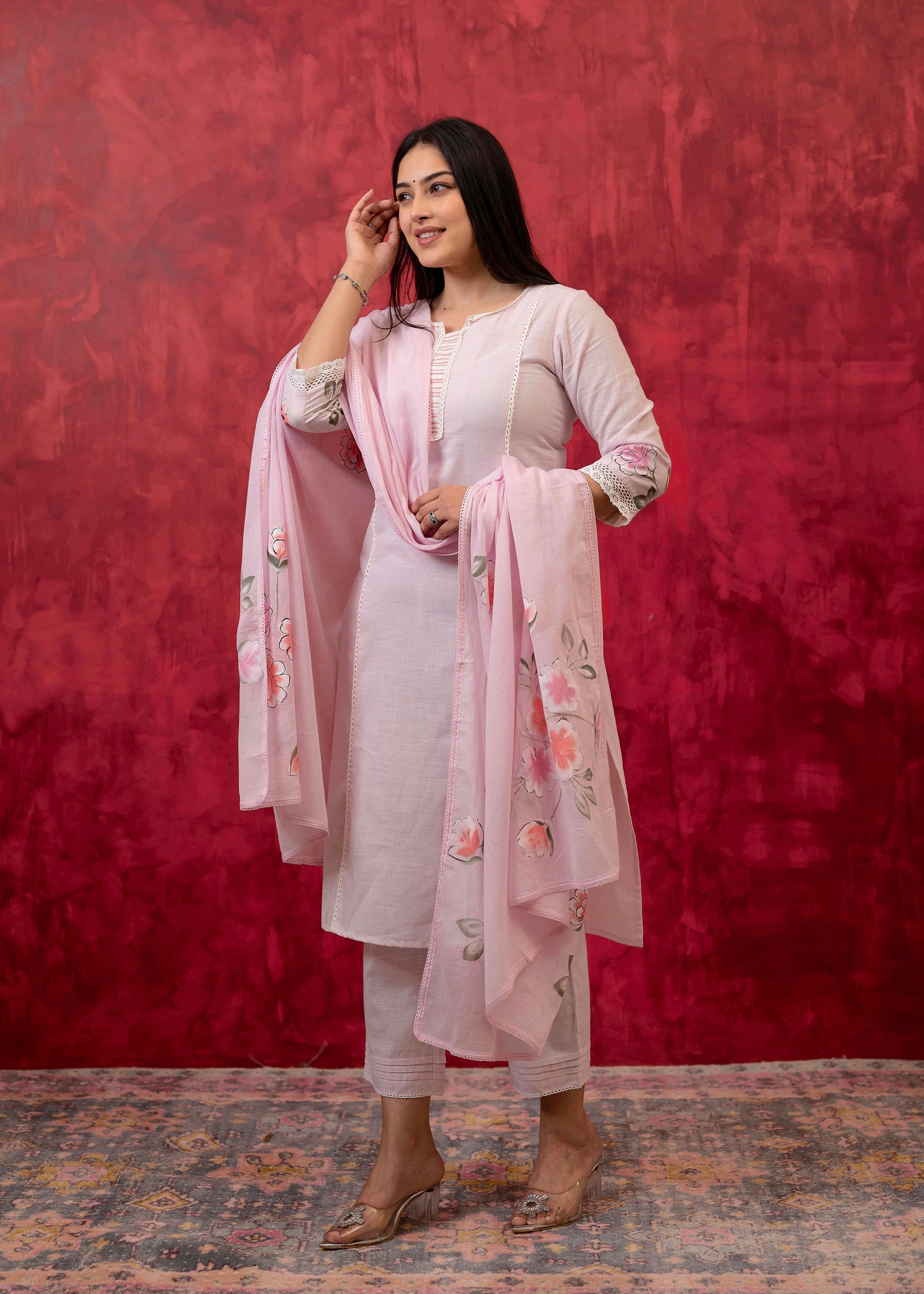 Juniper Lavender Cotton Slub Kurta-Pant Set with Lace Work & Floral Print Dupatta | Grocsy