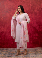 Juniper Lavender Cotton Slub Kurta-Pant Set With Lace Work & Floral Print Dupatta | Grocsy