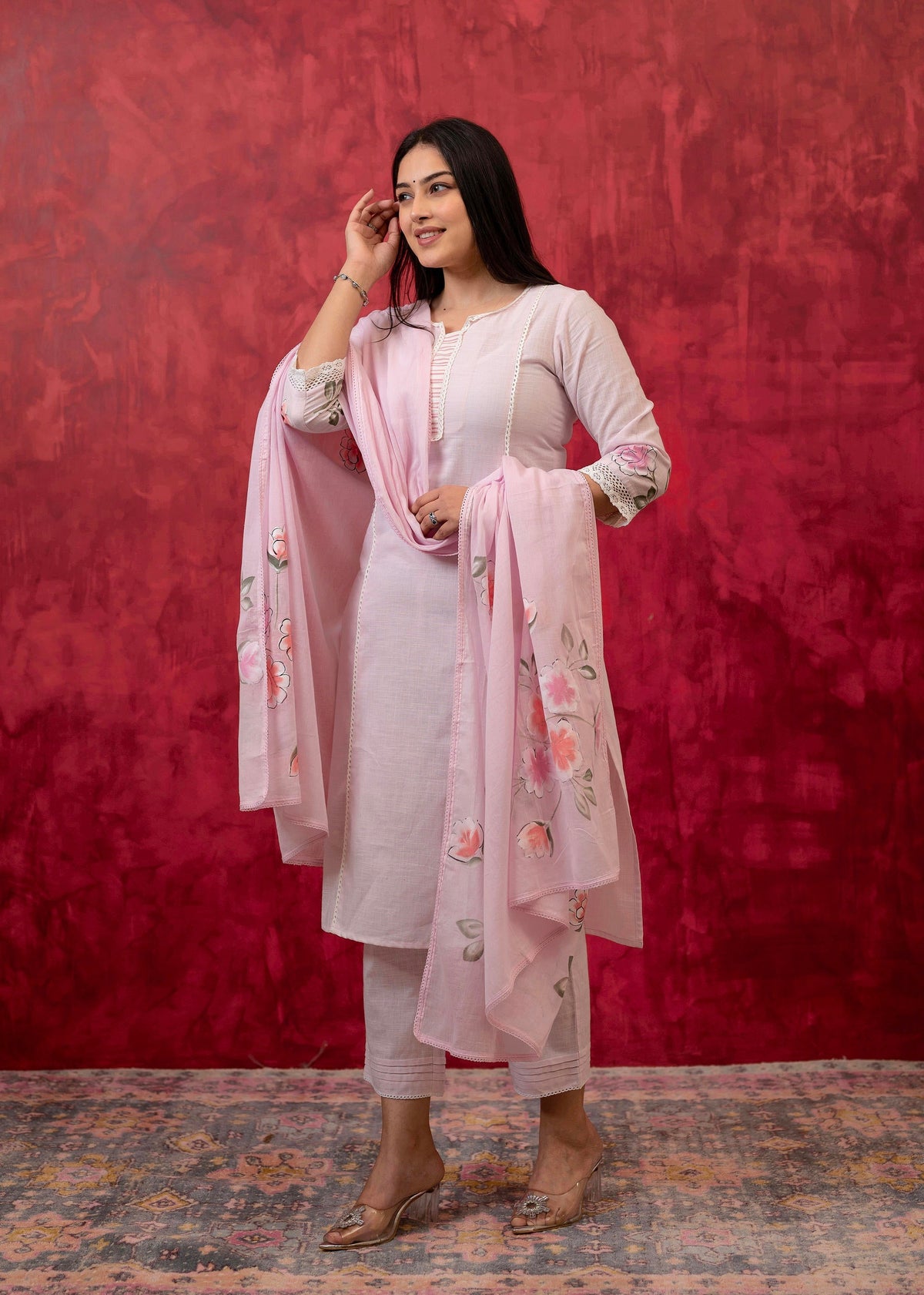 Juniper Lavender Cotton Slub Kurta-Pant Set With Lace Work & Floral Print Dupatta | Grocsy