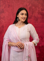Juniper Lavender Cotton Slub Kurta-Pant Set with Lace Work & Floral Print Dupatta | Grocsy