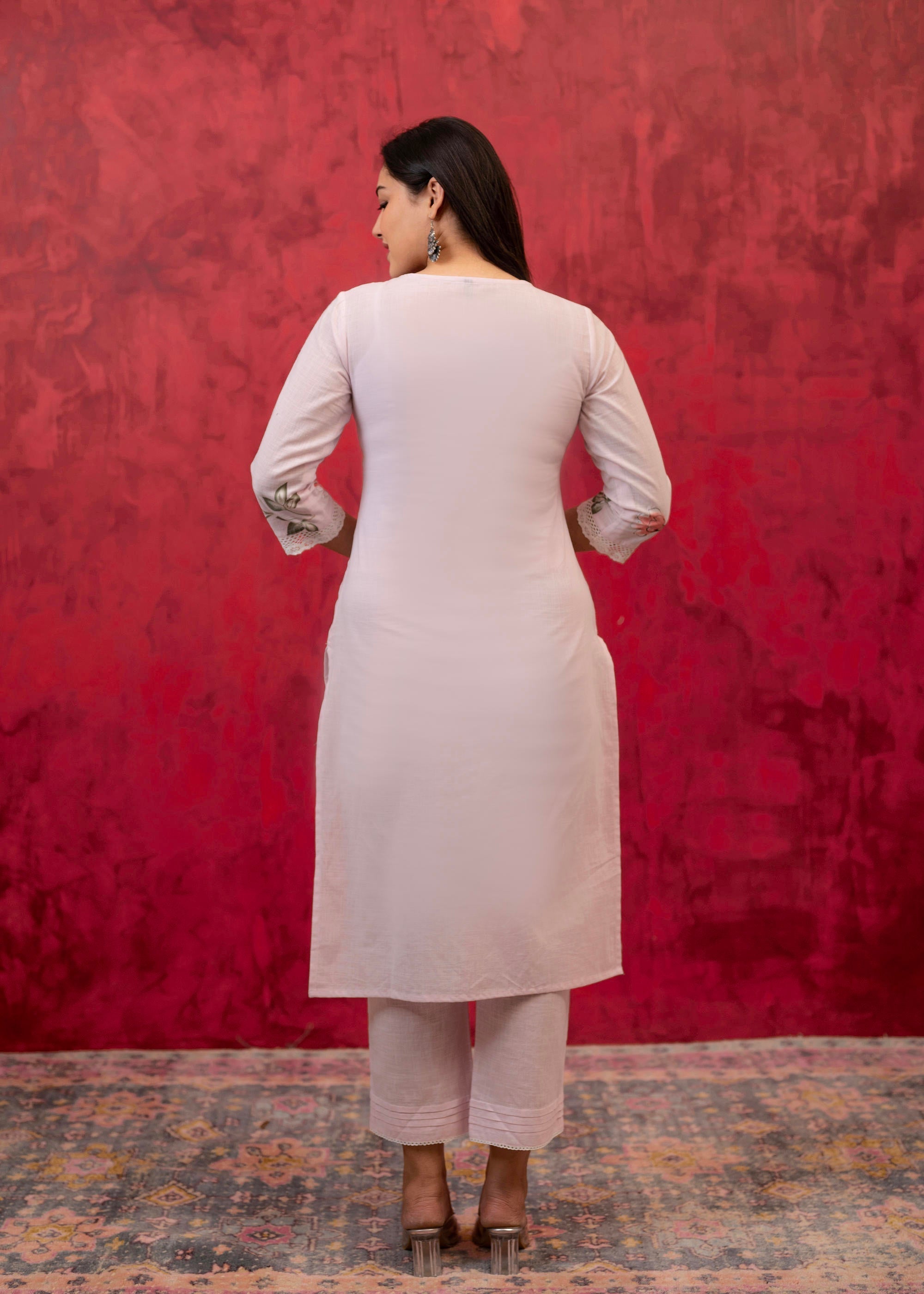 Juniper Lavender Cotton Slub Kurta-Pant Set with Lace Work & Floral Print Dupatta | Grocsy