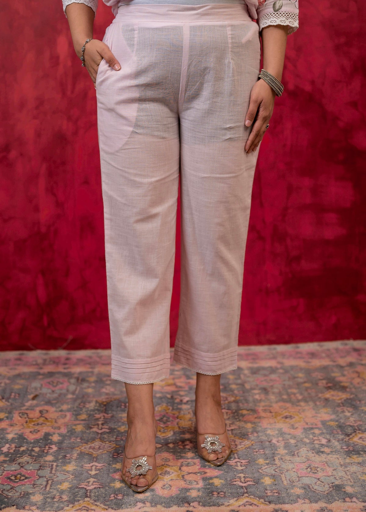 Juniper Lavender Cotton Slub Kurta-Pant Set with Lace Work & Floral Print Dupatta | Grocsy