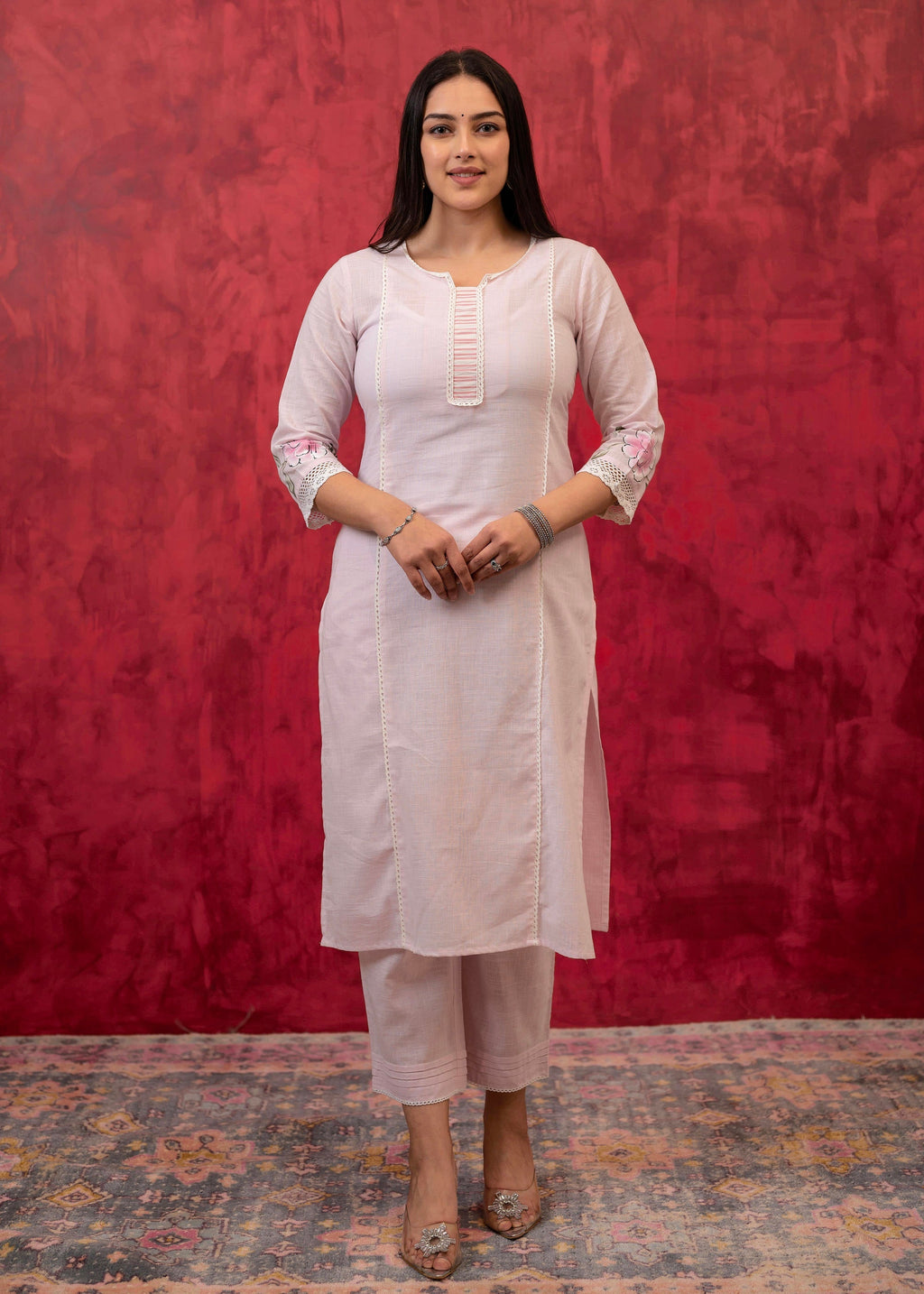 Juniper Lavender Cotton Slub Kurta-Pant Set with Lace Work & Floral Print Dupatta | Grocsy