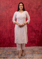Juniper Lavender Cotton Slub Kurta-Pant Set with Lace Work & Floral Print Dupatta | Grocsy