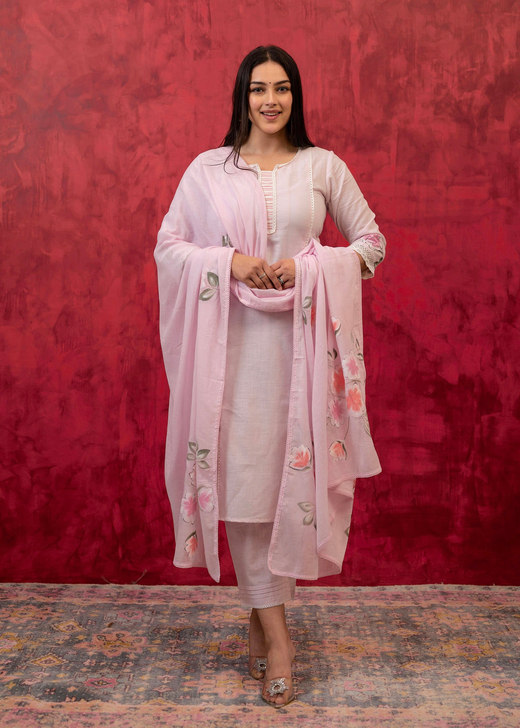Juniper Lavender Cotton Slub Kurta-Pant Set with Lace Work & Floral Print Dupatta | Grocsy