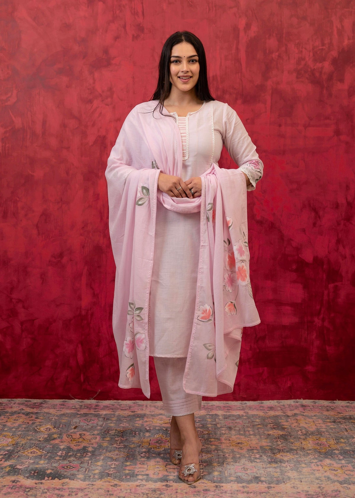 Juniper Lavender Cotton Slub Kurta-Pant Set with Lace Work & Floral Print Dupatta | Grocsy