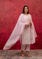 Juniper Lavender Cotton Slub Kurta-Pant Set with Lace Work & Floral Print Dupatta | Grocsy
