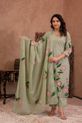 Juniper Mint Cotton Slub Floral Printed Kurta-Pant & Dupatta Set with Lace, Sequins & Bead Work | Grocsy