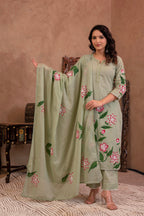 Juniper Mint Cotton Slub Floral Printed Kurta-Pant & Dupatta Set with Lace, Sequins & Bead Work | Grocsy