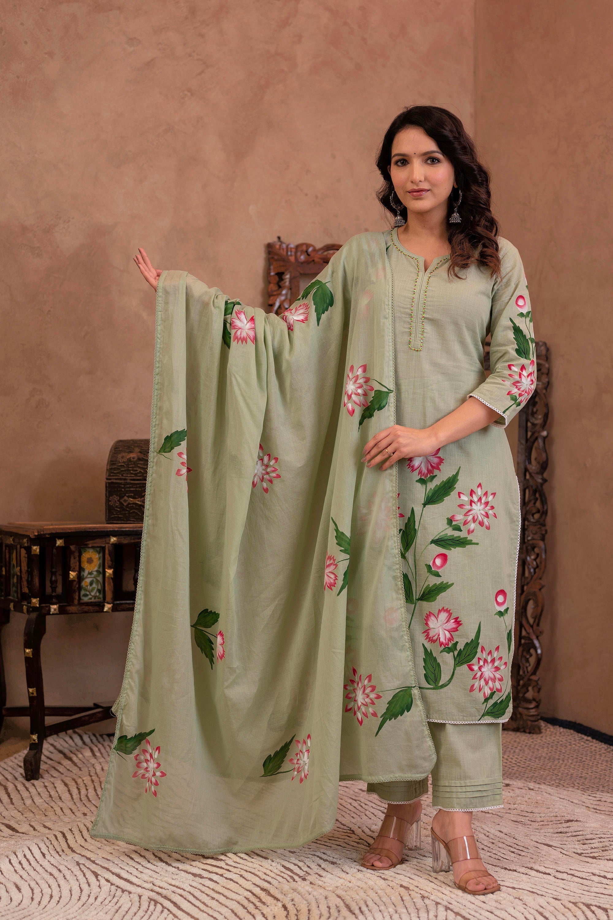 Juniper Mint Cotton Slub Floral Printed Kurta-Pant & Dupatta Set with Lace, Sequins & Bead Work | Grocsy