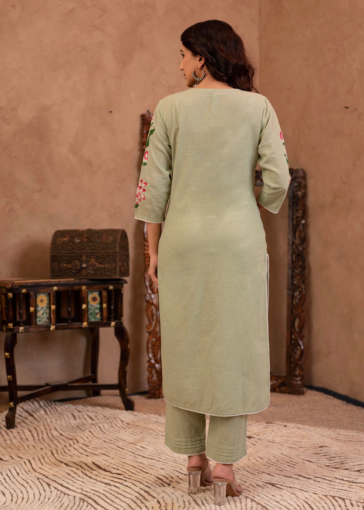 Juniper Mint Cotton Slub Floral Printed Kurta-Pant & Dupatta Set with Lace, Sequins & Bead Work | Grocsy