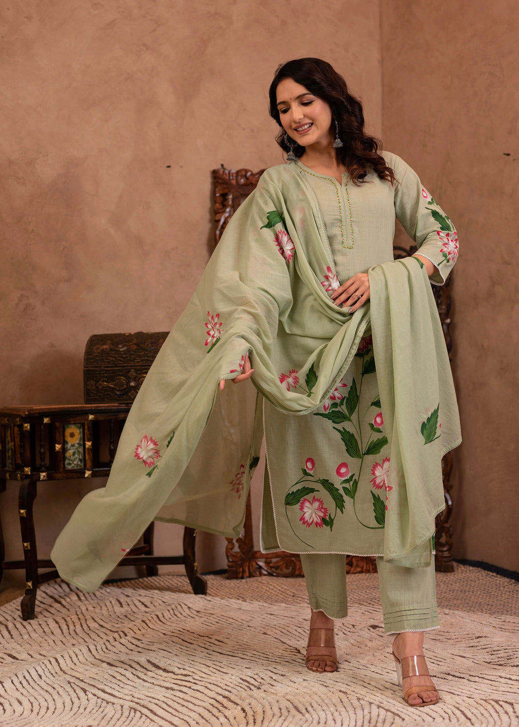 Juniper Mint Cotton Slub Floral Printed Kurta-Pant & Dupatta Set with Lace, Sequins & Bead Work | Grocsy