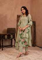 Juniper Mint Cotton Slub Floral Printed Kurta-Pant & Dupatta Set with Lace, Sequins & Bead Work | Grocsy