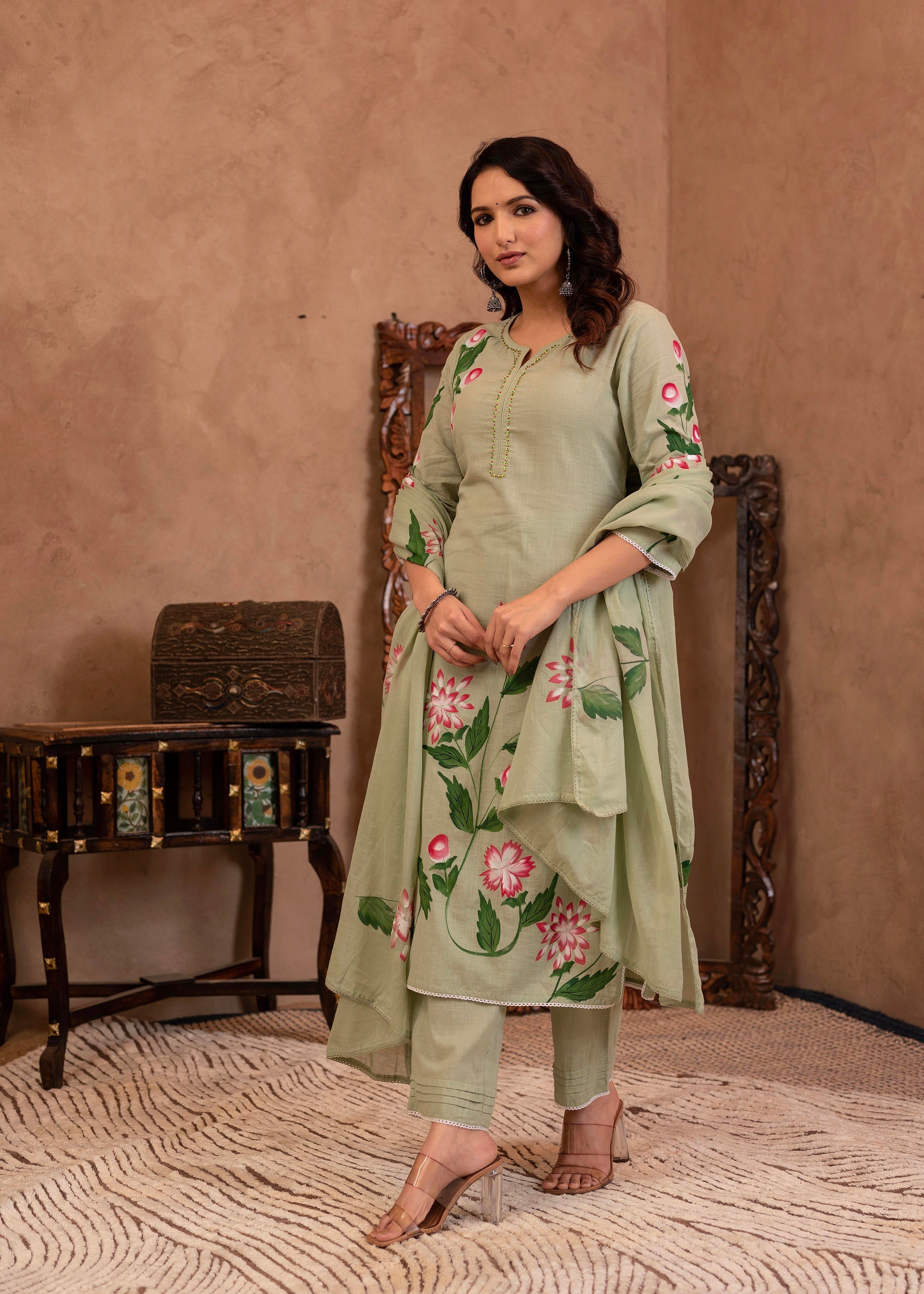 Juniper Mint Cotton Slub Floral Printed Kurta-Pant & Dupatta Set with Lace, Sequins & Bead Work | Grocsy