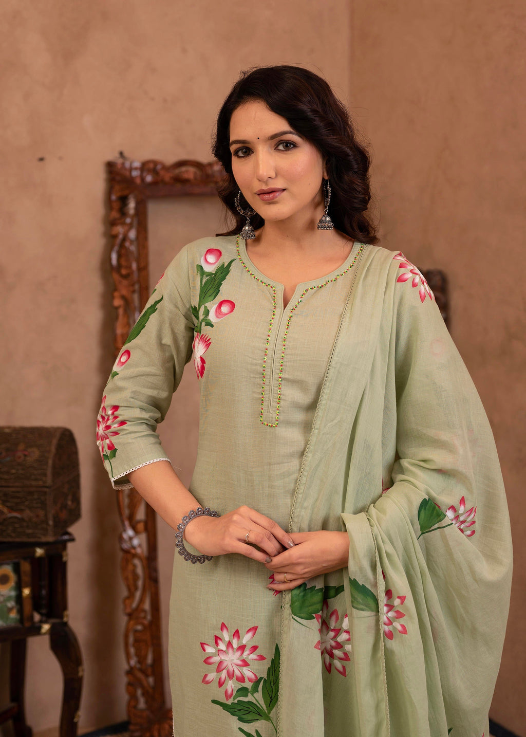 Juniper Mint Cotton Slub Floral Printed Kurta-Pant & Dupatta Set with Lace, Sequins & Bead Work | Grocsy